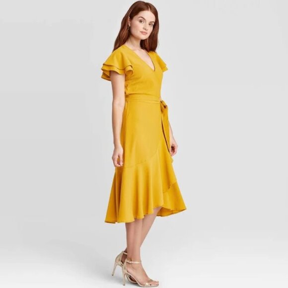 A New Day Mustard Gold Yellow Midi Wrap Dress L/Large - Picture 6 of 7